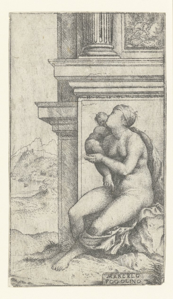 Donna con bambino seduta presso un edificio classico da Marcello Fogolino