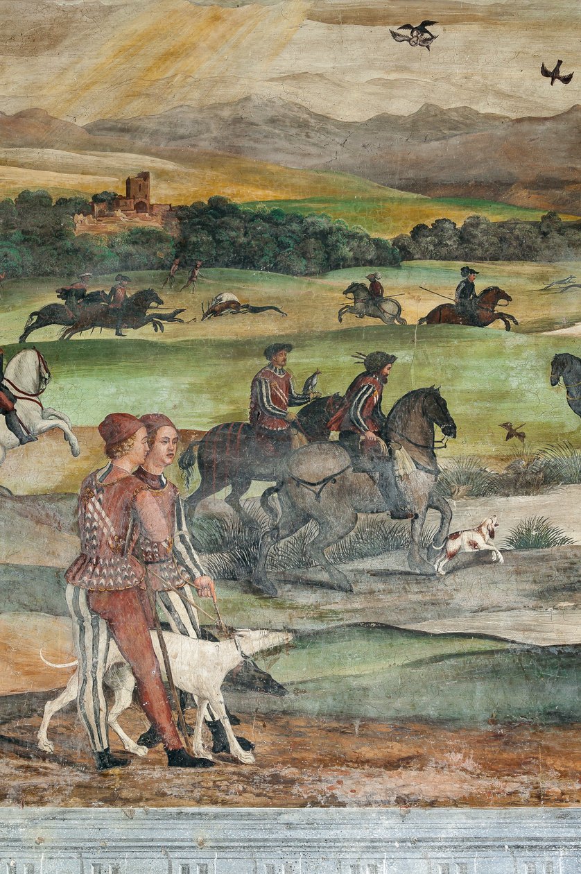 Jagdszene, Detail des Besuchs von Christian I. von Dänemark bei Bartolomeo Colleoni, Ehrensaal von Marcello or Romani Girolamo (Romanino) (c.1485-c.1566) (attr.to) Fogolino