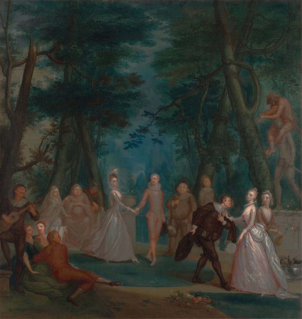 Scena in un parco, con figure della Commedia dell