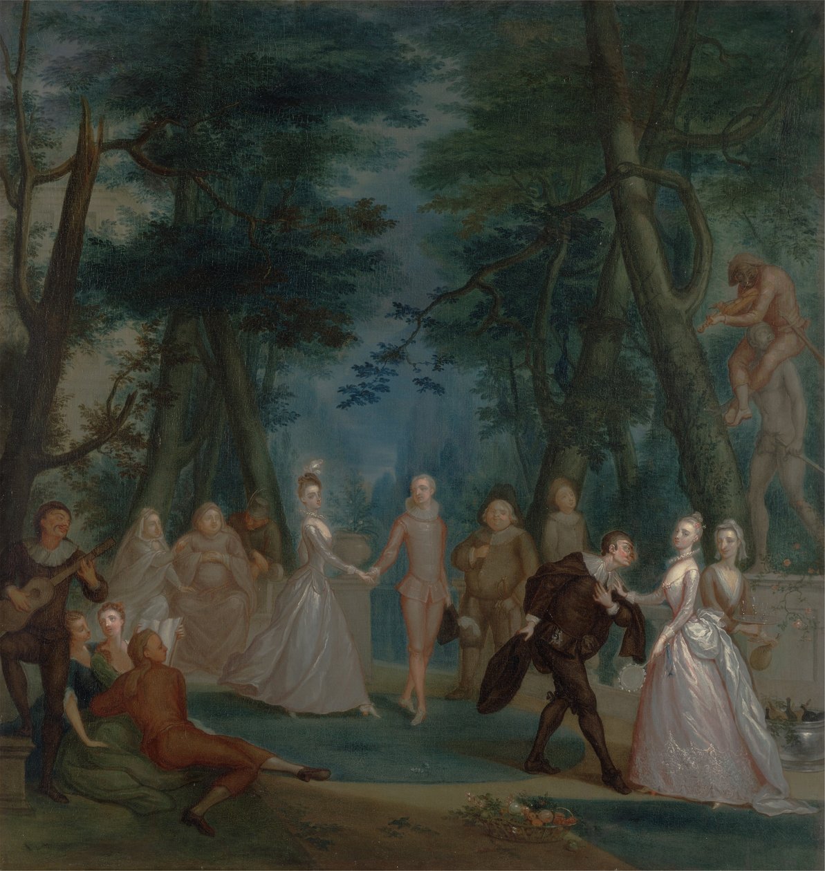 Scena in un parco, con figure della Commedia dell