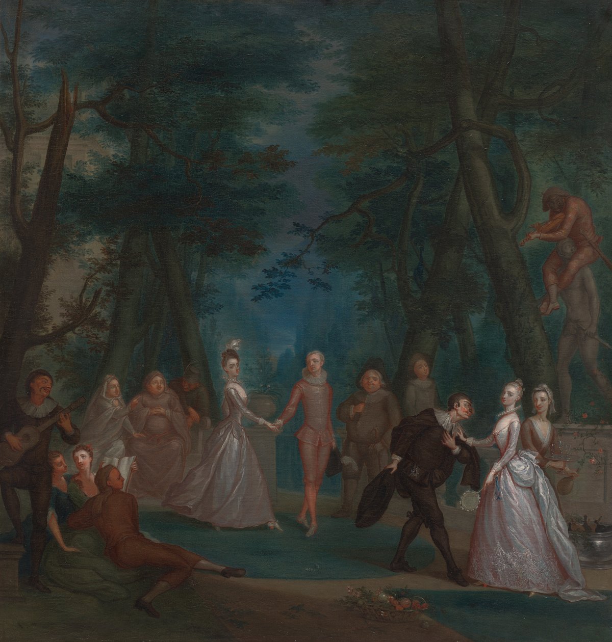 Scena in un parco, con figure della Commedia dell