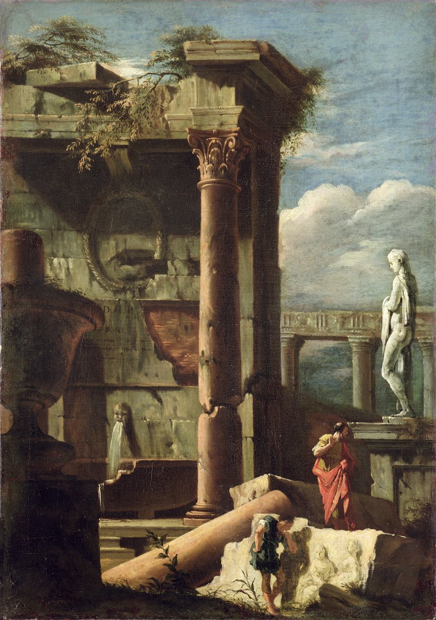 Edificio antico con una statua e figure decorative da Marco Ricci