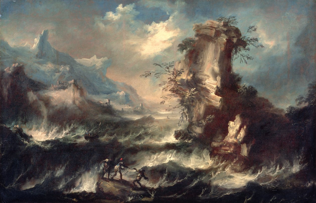 Paesaggio marino italiano con rocce e figure da Marco Ricci