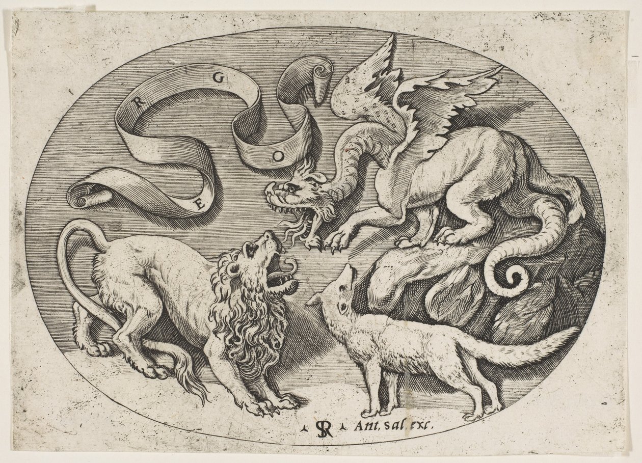 Un leone, un drago e una volpe che combattono tra loro, una banderuola iscritta sopra, un ovale, ca. 1515-27 da Marco Dente