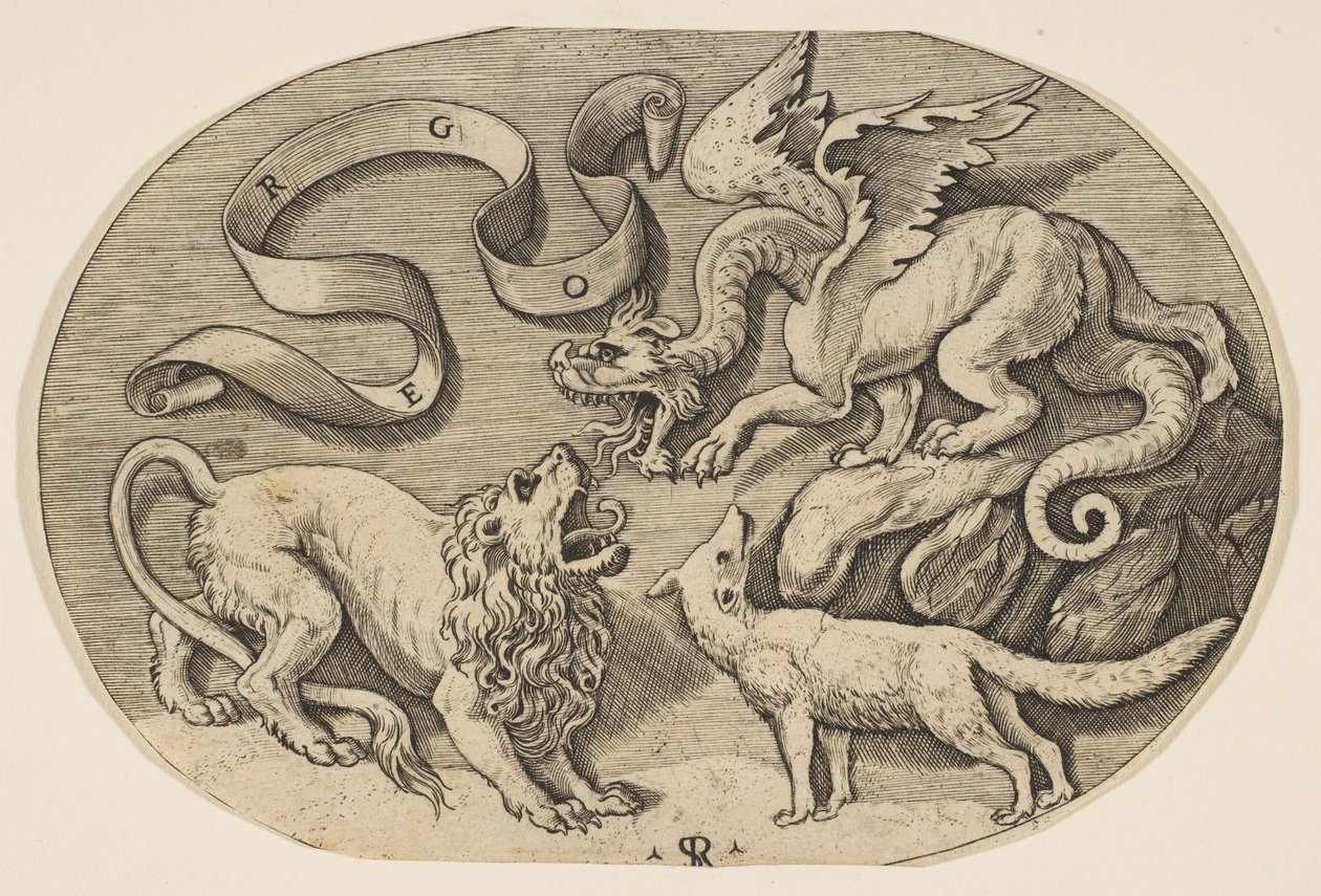 Un leone, un drago e una volpe che si combattono, una banderuola iscritta sopra, ca. 1515-27 da Marco Dente