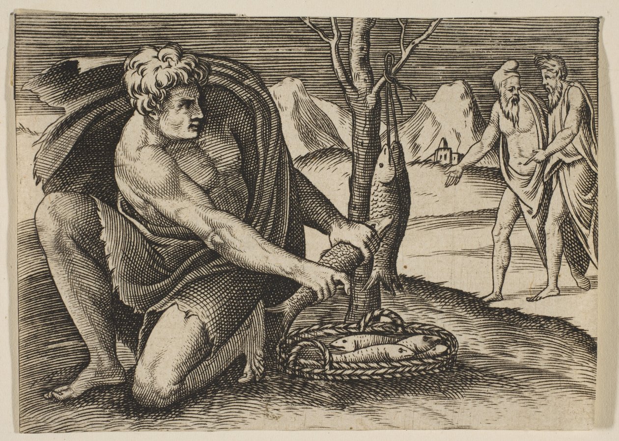 Un uomo inginocchiato accanto a un cesto di pesci e ne prende uno con entrambe le mani, due uomini a..., ca. 1515-27 da Marco Dente