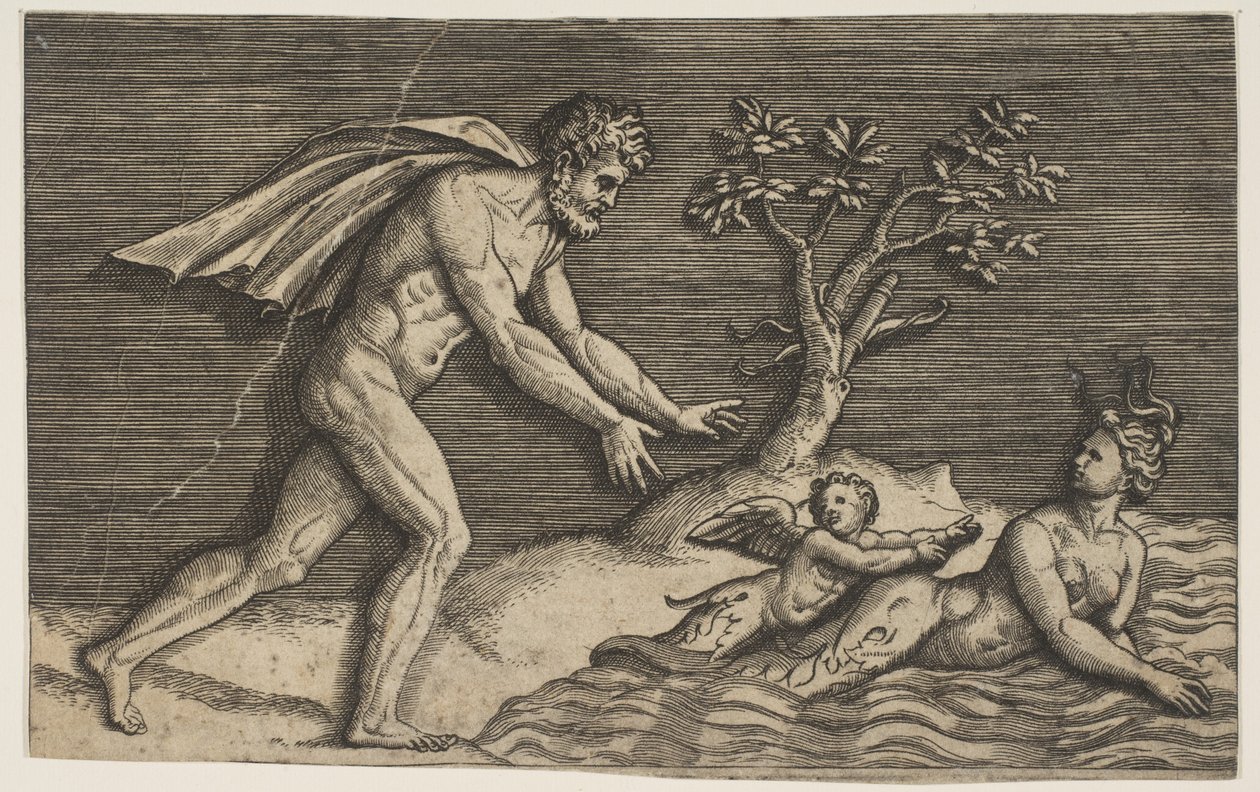Un uomo nudo che insegue una naiade e un cupido nell