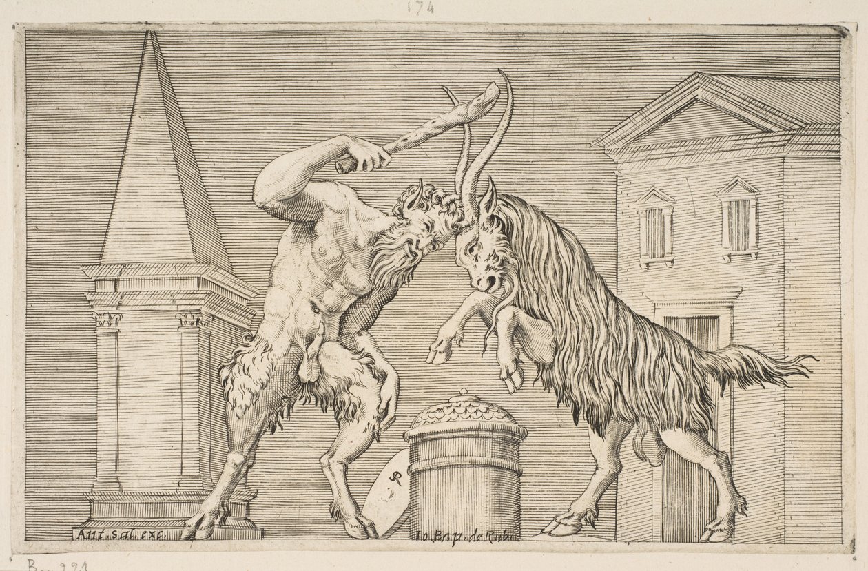 Un satiro e un ariete che si attaccano a vicenda, il satiro brandisce una clava con la mano destra, ca. 1515-27 da Marco Dente