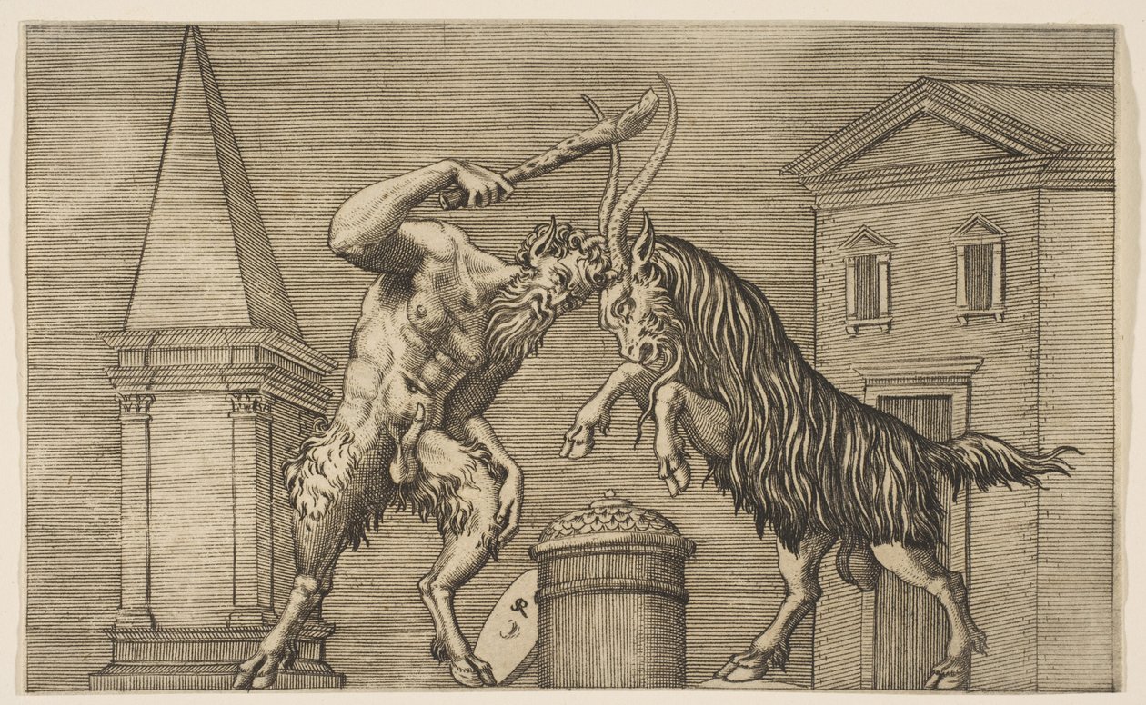 Un satiro e un ariete che si attaccano a vicenda, il satiro brandisce una clava con la mano destra, ca. 1515-27 da Marco Dente