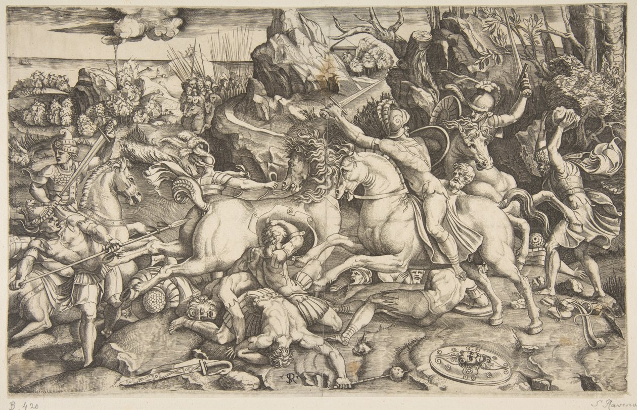 Scena di battaglia in un paesaggio con soldati a cavallo e diversi uomini caduti, un altro..., ca. 1520 da Marco Dente