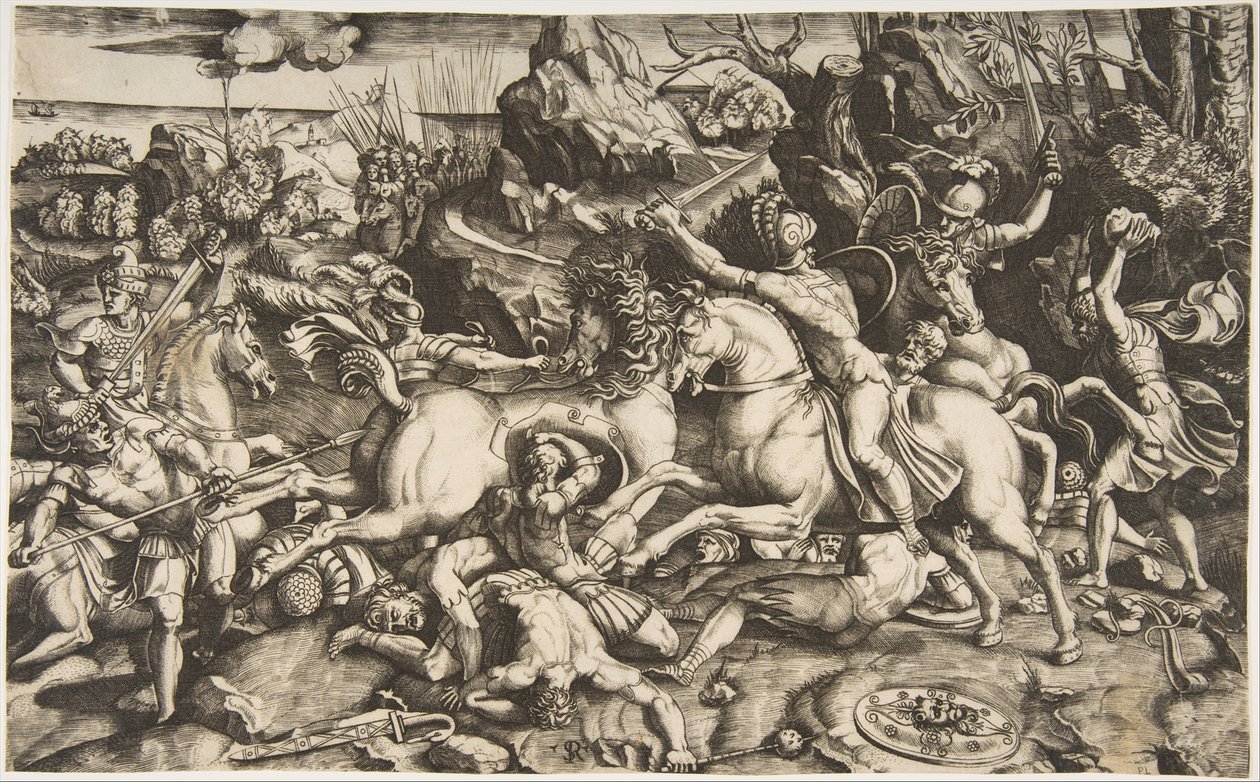 Scena di battaglia in un paesaggio con soldati a cavallo e diversi uomini caduti, ca. 1520 da Marco Dente