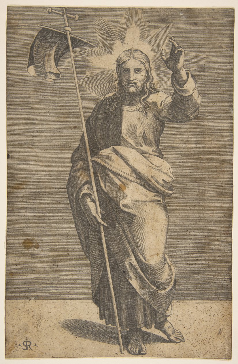 Cristo in piedi rivolto in avanti, con una croce e un vessillo e alzando la mano sinistra da Marco Dente