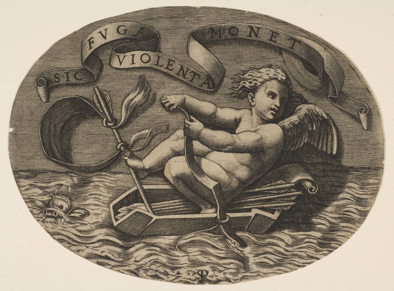 Eros che scappa via mare usando il suo arco per spingere una barca fatta con la sua faretra, ca. 1515-27 da Marco Dente