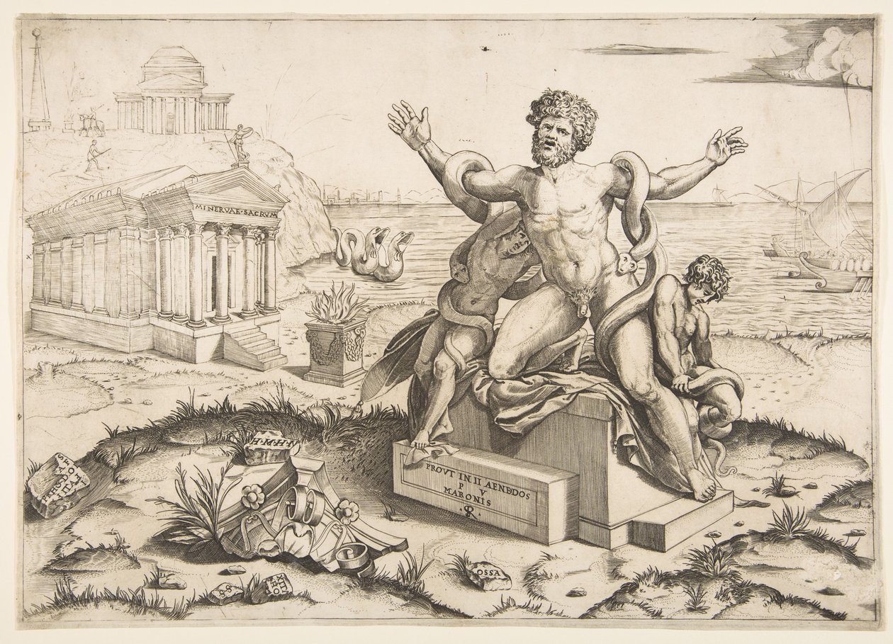 Laocoonte e i suoi due figli attaccati da serpenti su un piedistallo, un tempio a Minerva, ca. 1515-27 da Marco Dente