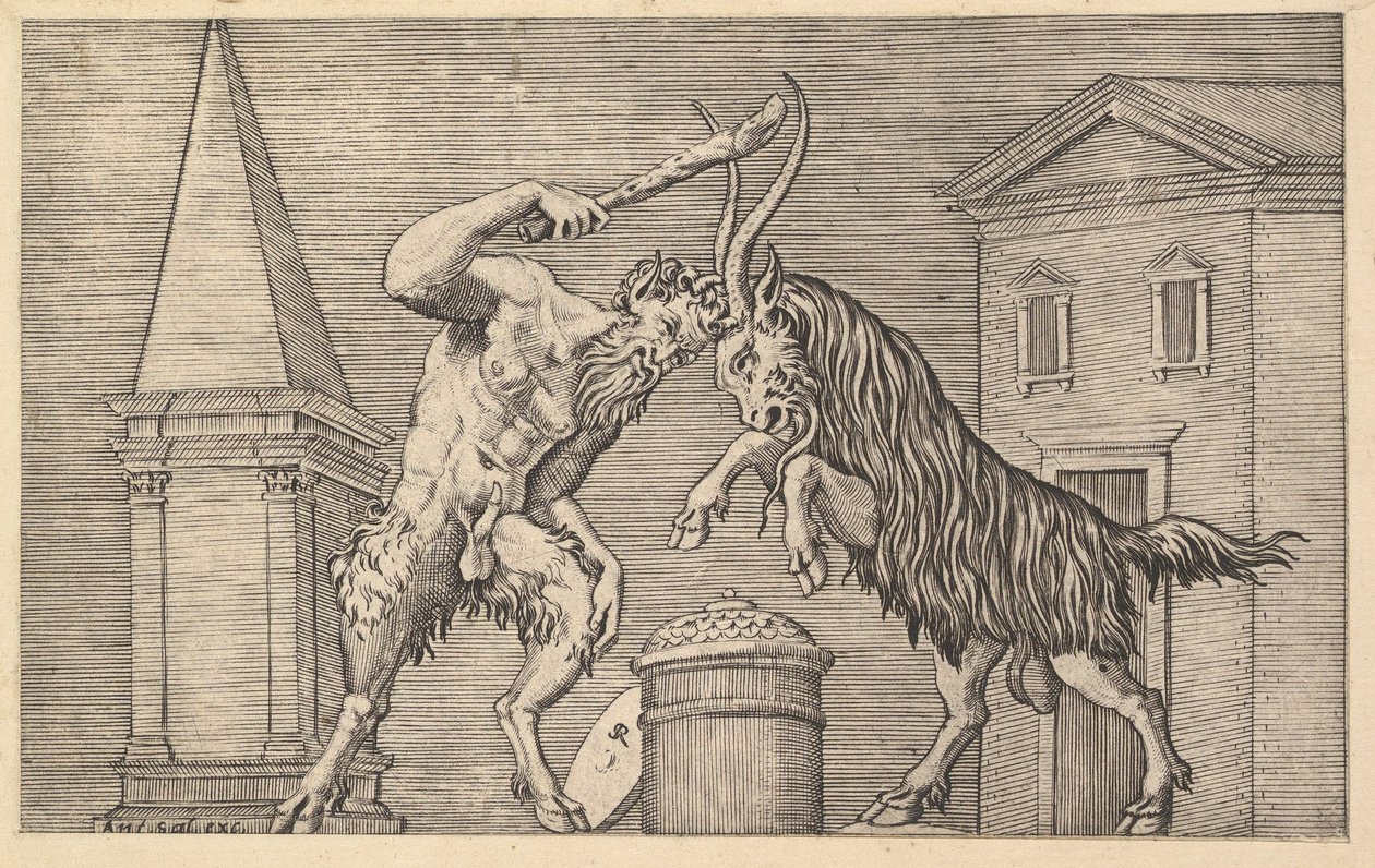 Speculum Romanae Magnificentiae: Un satiro e un ariete che si scontrano, XVI secolo da Marco Dente