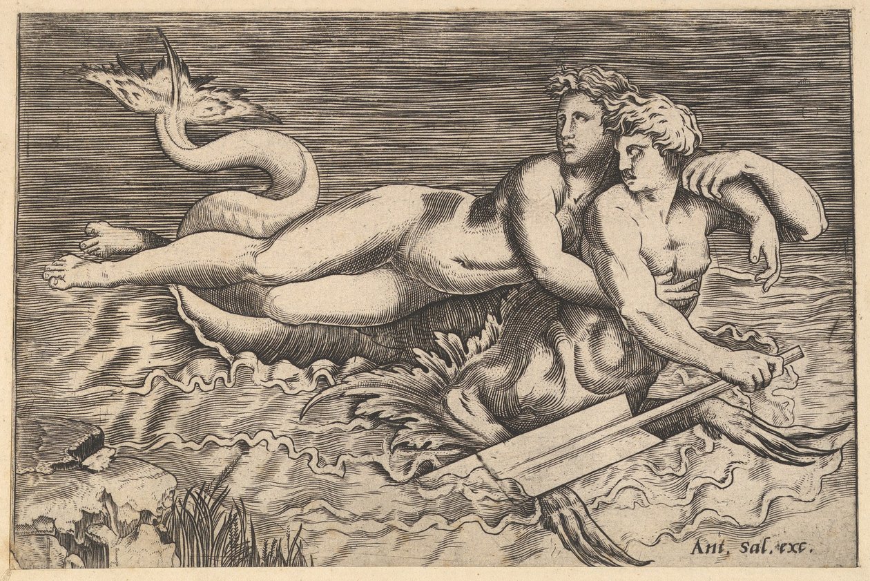Speculum Romanae Magnificentiae: Un tritone che rapisce una ninfa, XVI secolo da Marco Dente