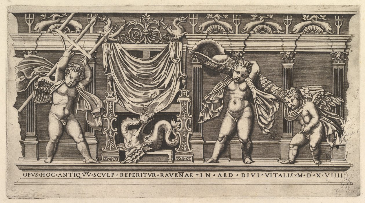 Speculum Romanae Magnificentiae: Bassorilievo con Tre Cupidi, 1519 da Marco Dente