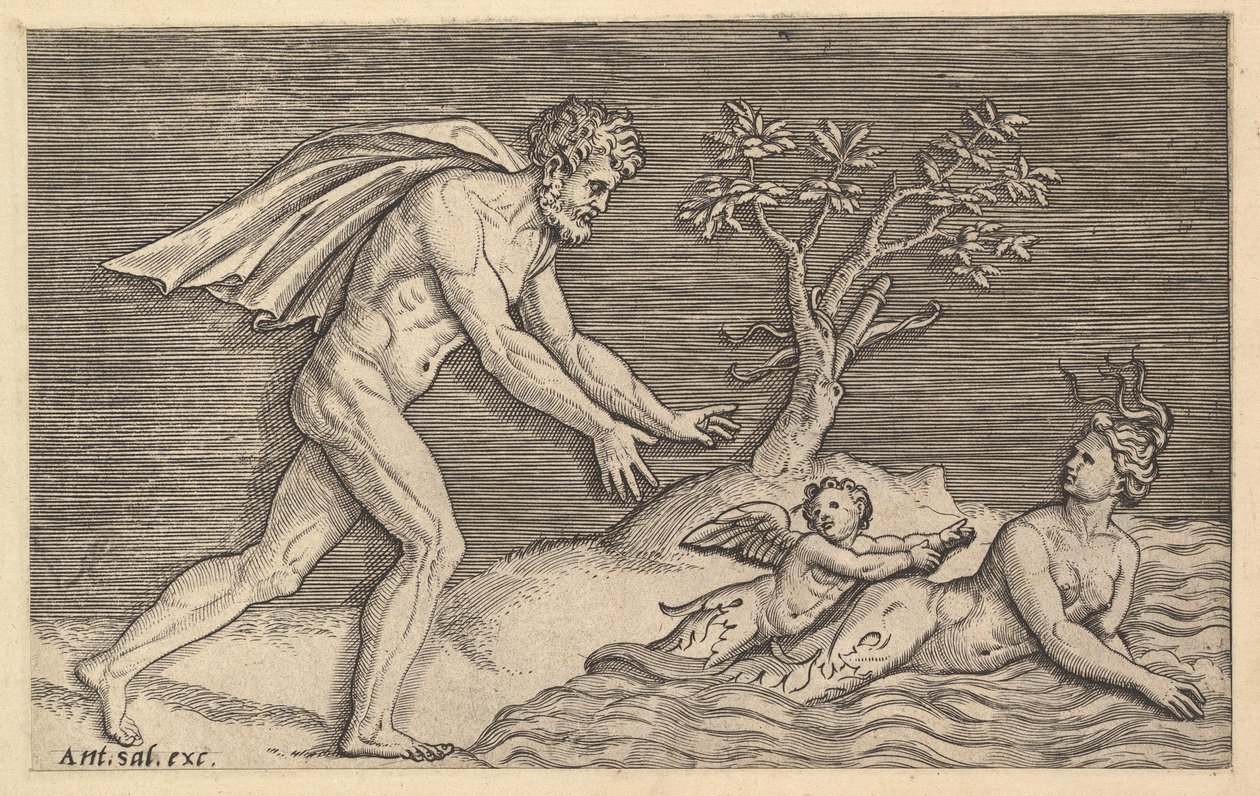 Speculum Romanae Magnificentiae: Uomo nudo che insegue una naiade da Marco Dente