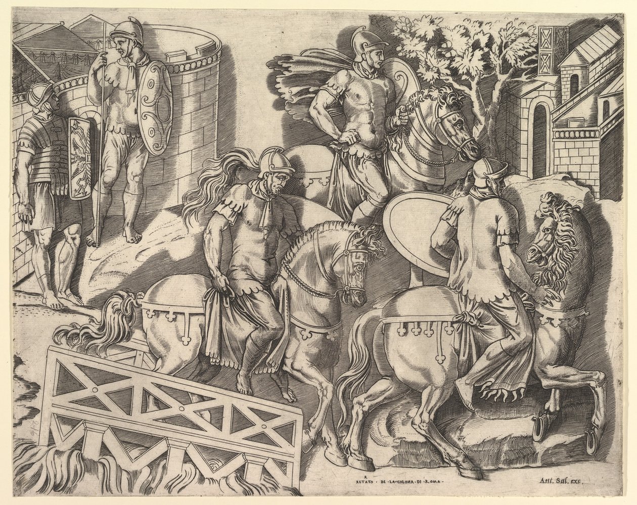 Speculum Romanae Magnificentiae: Cavalieri romani che attraversano un ponte da Traiano, XVI secolo da Marco Dente