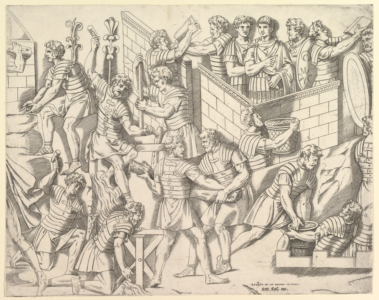 Speculum Romanae Magnificentiae: Soldati romani che fortificano il loro campo, da Traiano..., XVI secolo da Marco Dente