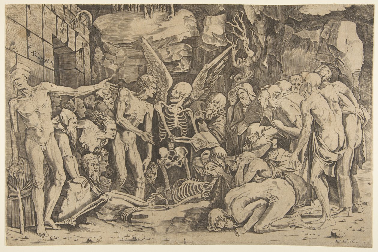 Gli scheletri, un gruppo di uomini e donne emaciati riuniti attorno a uno scheletro disteso, 1515-27 da Marco Dente
