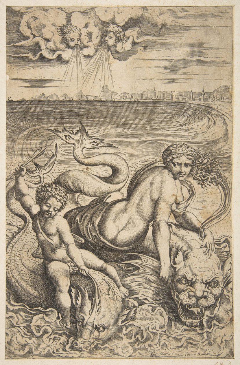 Venere e Cupido che cavalcano due mostri marini, Cupido alza una freccia nella mano destra, ca. 1515-27 da Marco Dente
