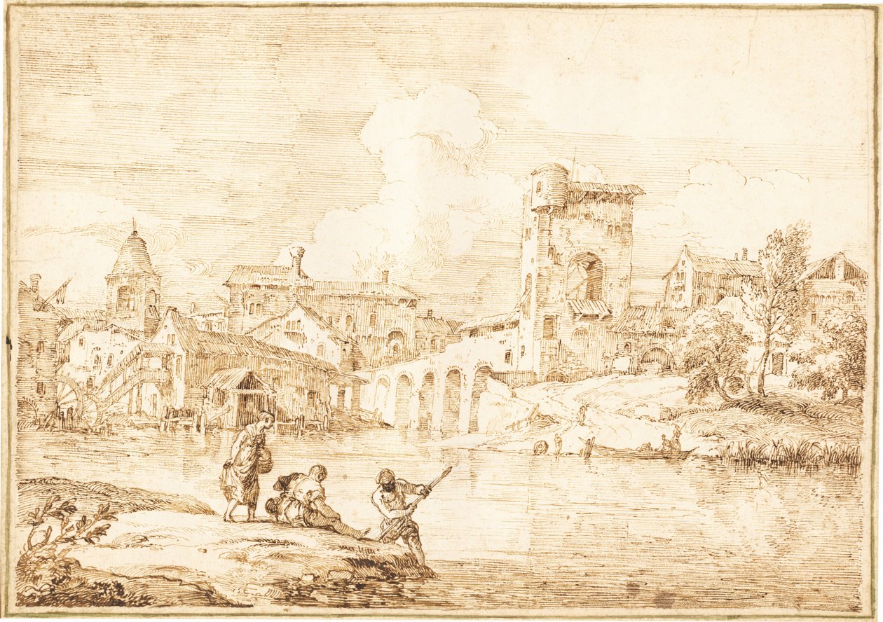 Un villaggio fortificato lungo un fiume da Marco Ricci