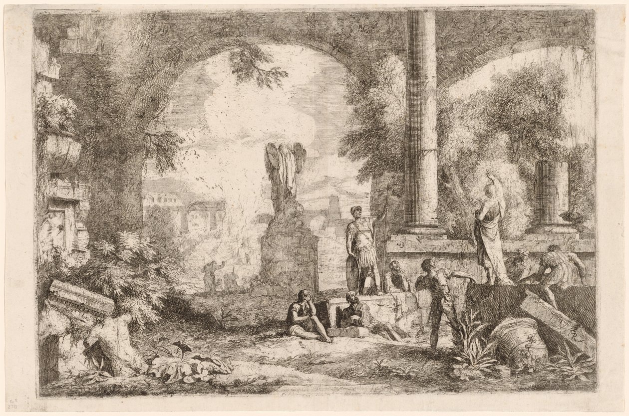 Capriccio di rovine antiche con uomini che osservano un oratore classico da Marco Ricci