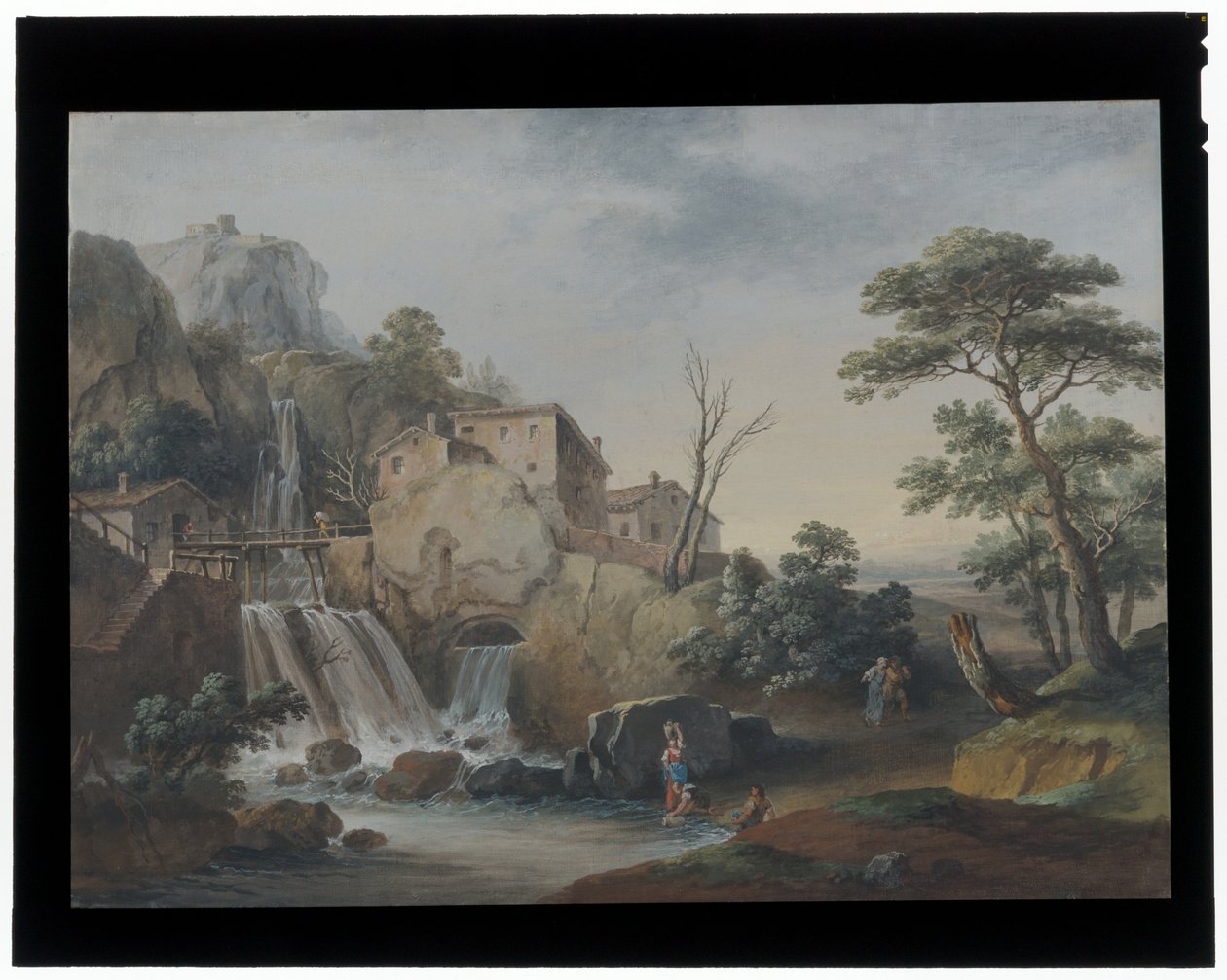 Paesaggio con cascata e cottage da Marco Ricci