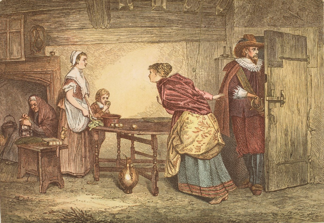 Realisti in cerca di rifugio nella casa di un puritano, inciso da J.D. Cooper da Marcus Stone