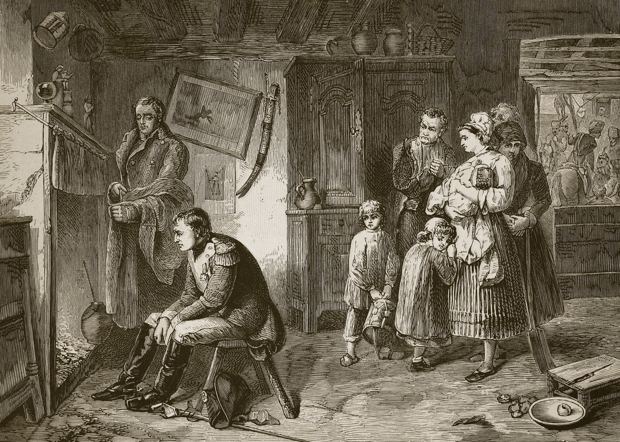 Napoleone cerca riposo in una casetta lungo la strada dopo la sua sconfitta a Waterloo, inciso da J.D. Cooper da Marcus Stone
