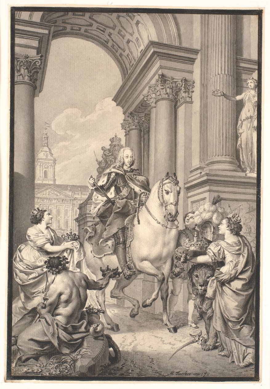 Studio per il dipinto: Danimarca e Norvegia omaggiano Chr. VI (bruciato con Christiansborg 1794) da Marcus Tuscher