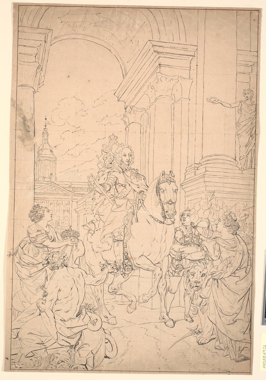 Bozzetto per il dipinto: Danimarca e Norvegia rendono omaggio a Chr. VI (bruciato con Christiansborg 1794) da Marcus Tuscher