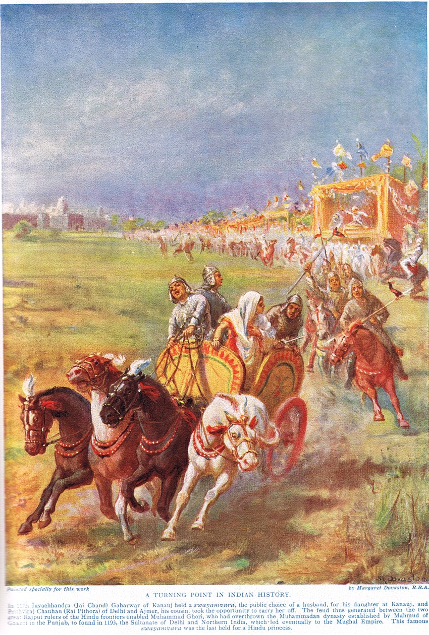 Un punto di svolta nella storia indiana, illustrazione da "Hutchinsons History of the Nations", 1910 circa (litografia a colori) da Margaret Dovaston