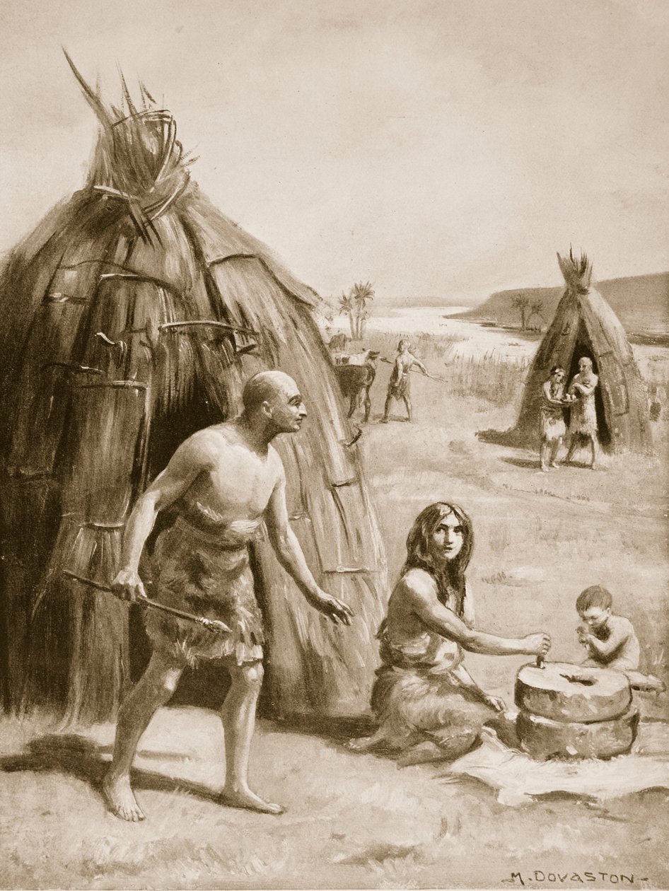 Un primitivo insediamento sumero, illustrazione da "Hutchinsons History of the Nations", 1910 circa (litografia) da Margaret Dovaston