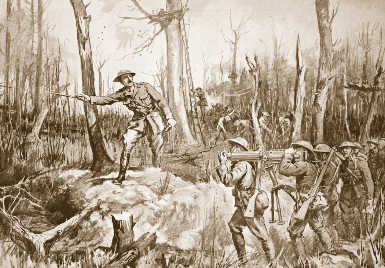Il capitano (tenente colonnello temporaneo) R.B. Barker organizza le difese di un bosco (litografia) da Margaret Dovaston
