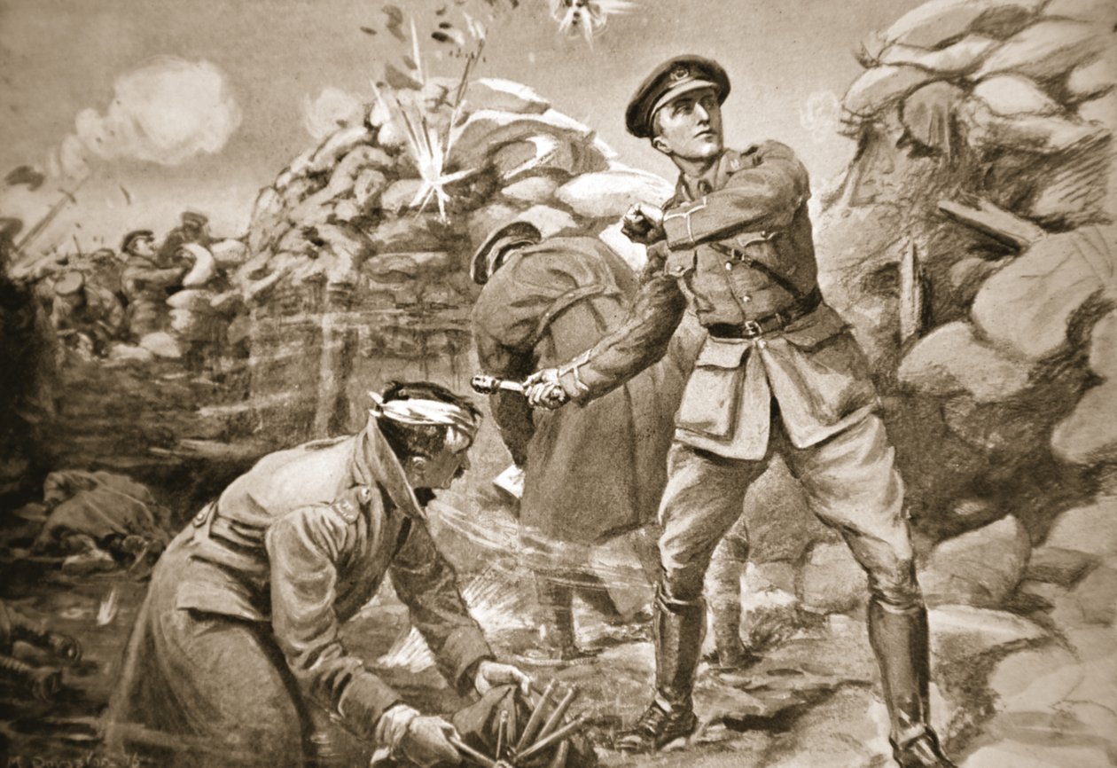 Il capitano Vickers tiene a bada il nemico mentre viene eretta una barriera alle sue spalle (litografia) da Margaret Dovaston