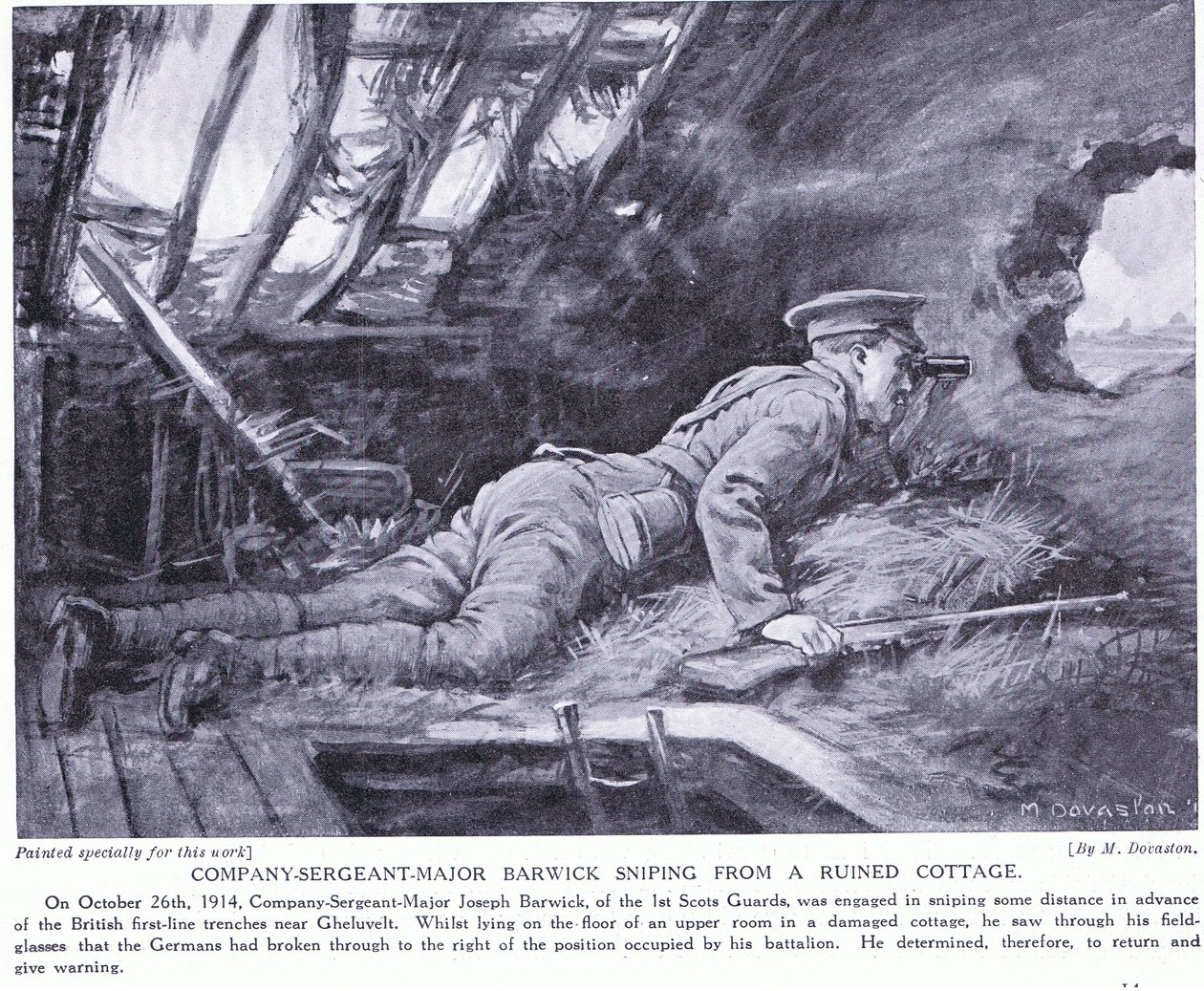 Il sergente maggiore della compagnia Barwick mentre cecchina da un cottage in rovina a Ghehuvelt ottobre 1914 (litografia) da Margaret Dovaston