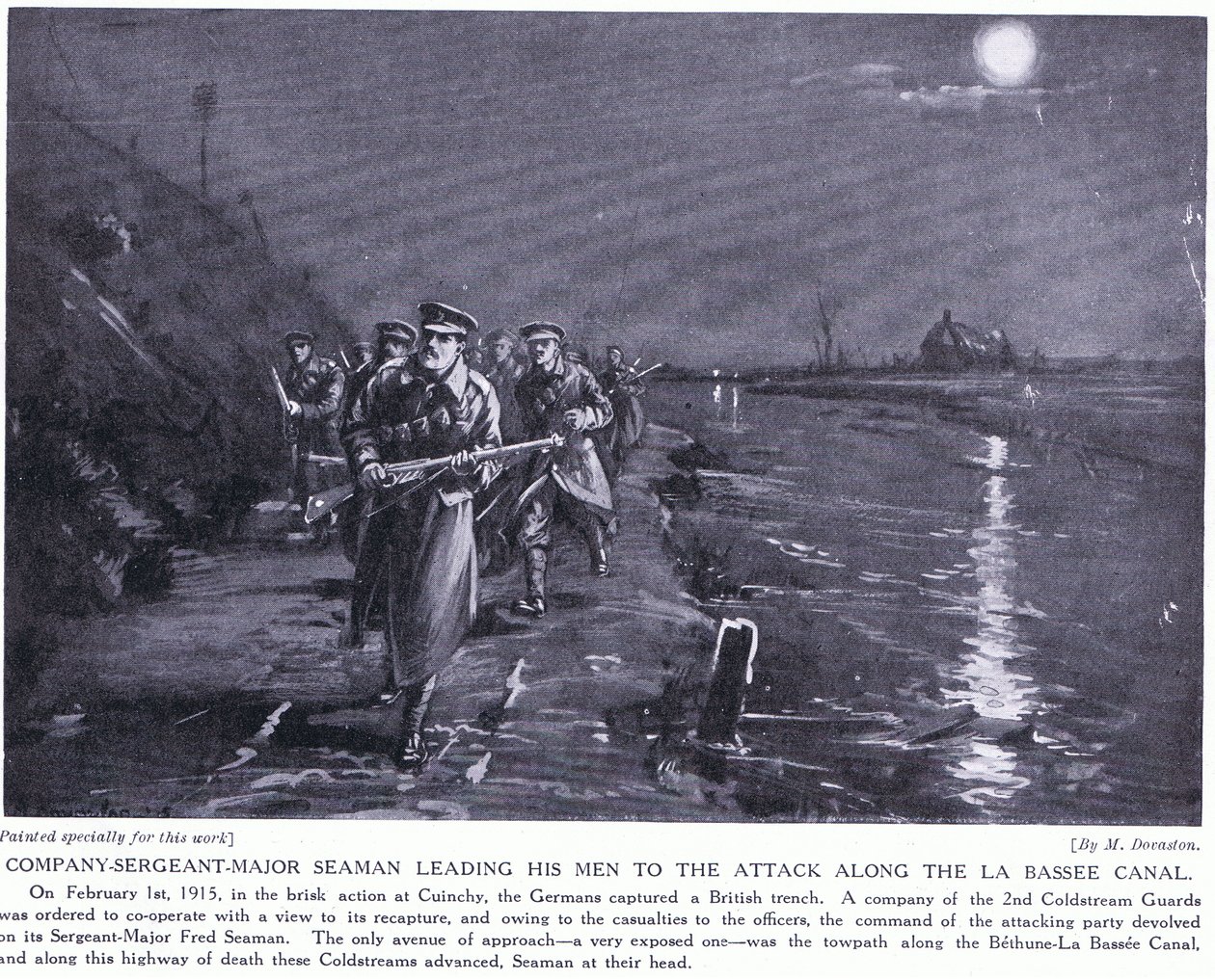 Il sergente maggiore della compagnia Seaman guida i suoi uomini lungo il canale di La Basse febbraio 1915 (litografia) da Margaret Dovaston