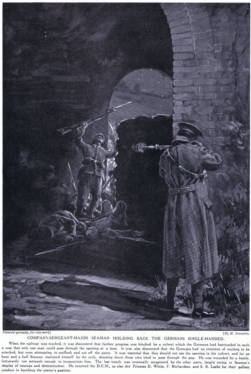 Il sergente maggiore della compagnia Seaman ha ricevuto una medaglia al valore per aver respinto con una sola mano un attacco tedesco nel febbraio del 1915 (litografia). da Margaret Dovaston