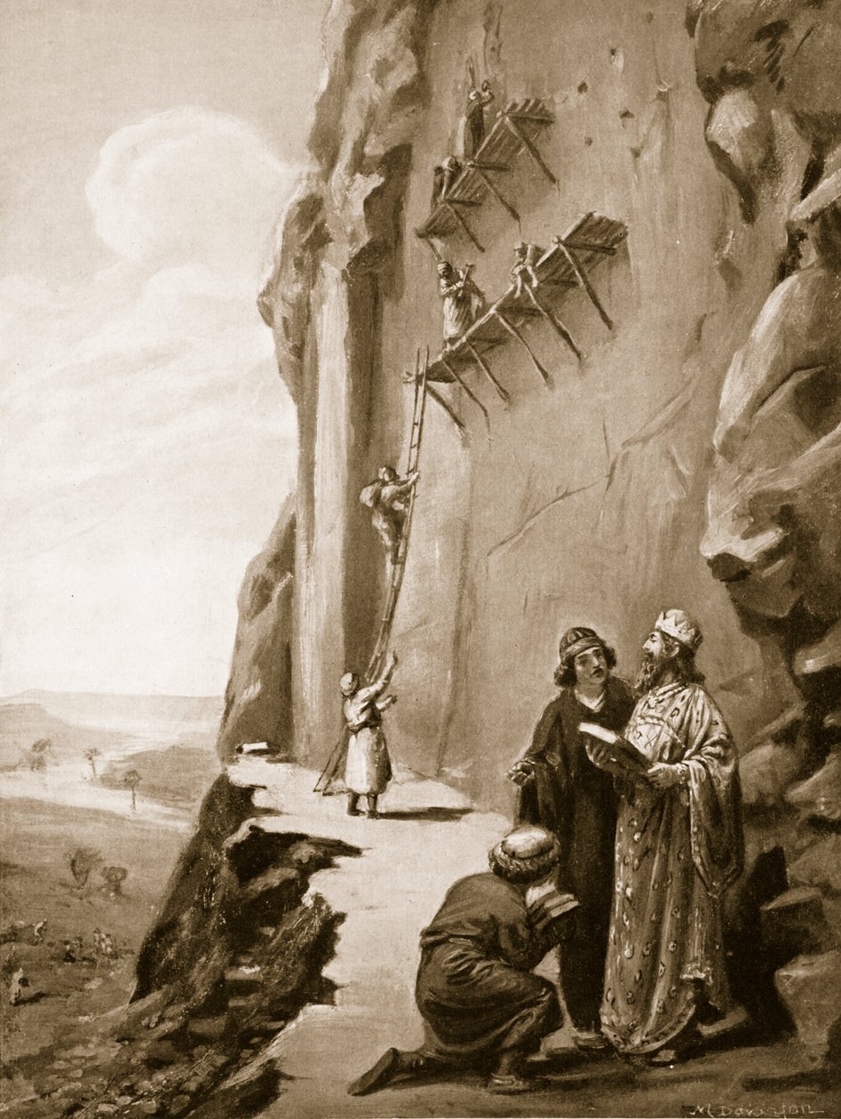Dario che sovrintende alla sua iscrizione a Behistun, illustrazione da "Hutchinson