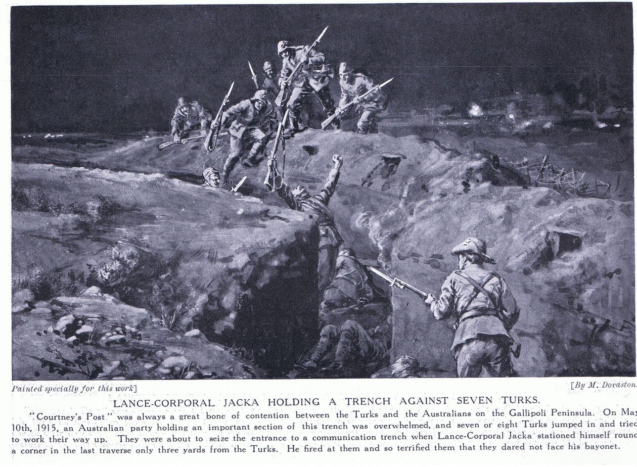 Il caporale Jacka vince un VC dimostrando che un uomo solo può batterne sette Maggio 1915 (litografia) da Margaret Dovaston
