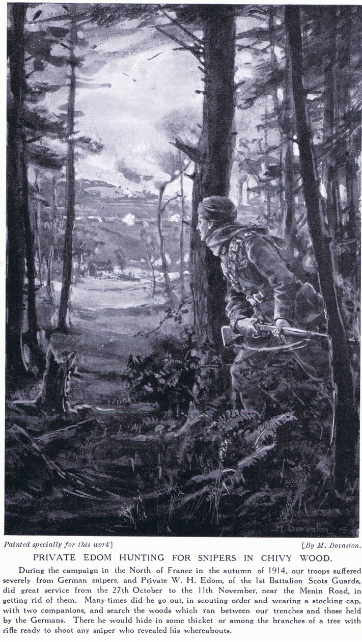 Il soldato Edom a caccia di cecchini a Chivy Wood, autunno 1914 (litografia) da Margaret Dovaston