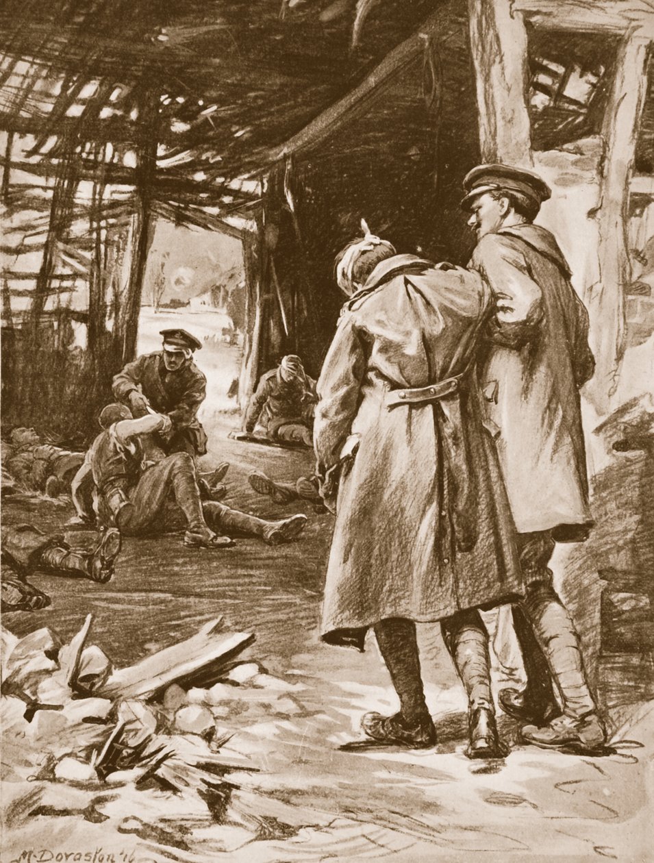 Il soldato J.S. Kerr presta il primo soccorso ai feriti in una fattoria pesantemente bombardata (litografia) da Margaret Dovaston
