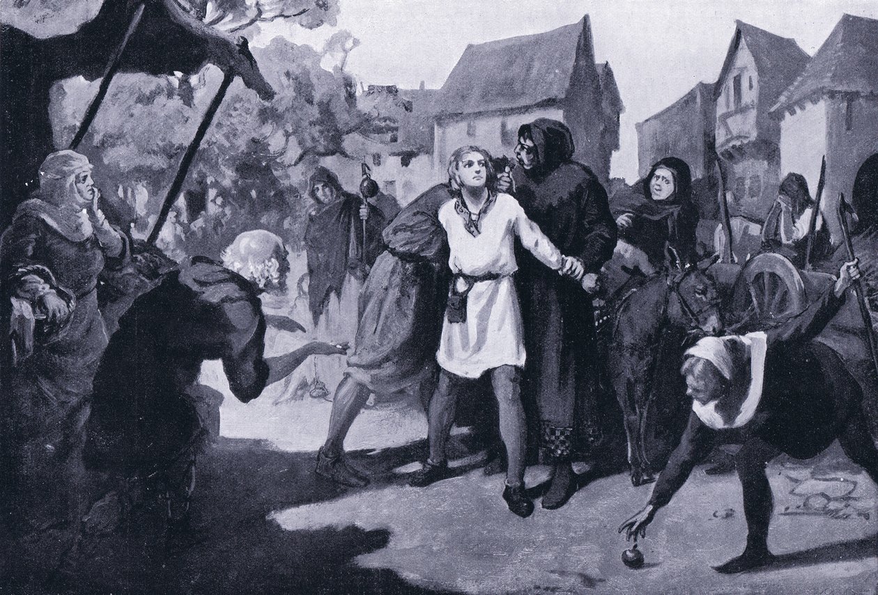Il paggio di Richards desta sospetti nella piazza del mercato di Erdburg AD1192 da Margaret Dovaston
