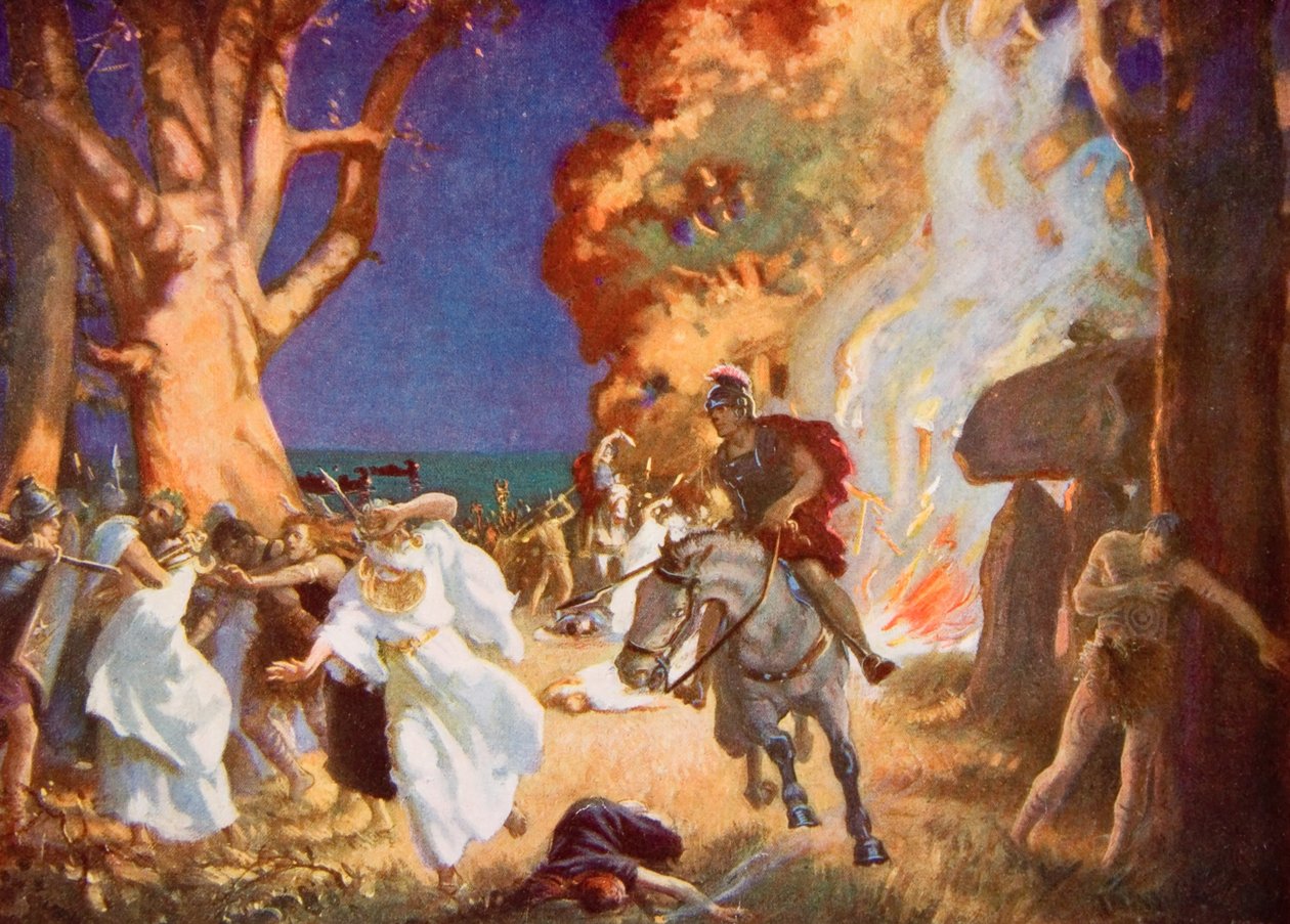 Il massacro dei druidi ad Anglesey da parte dei Romani nel 60 d.C., illustrazione da "Hutchinson