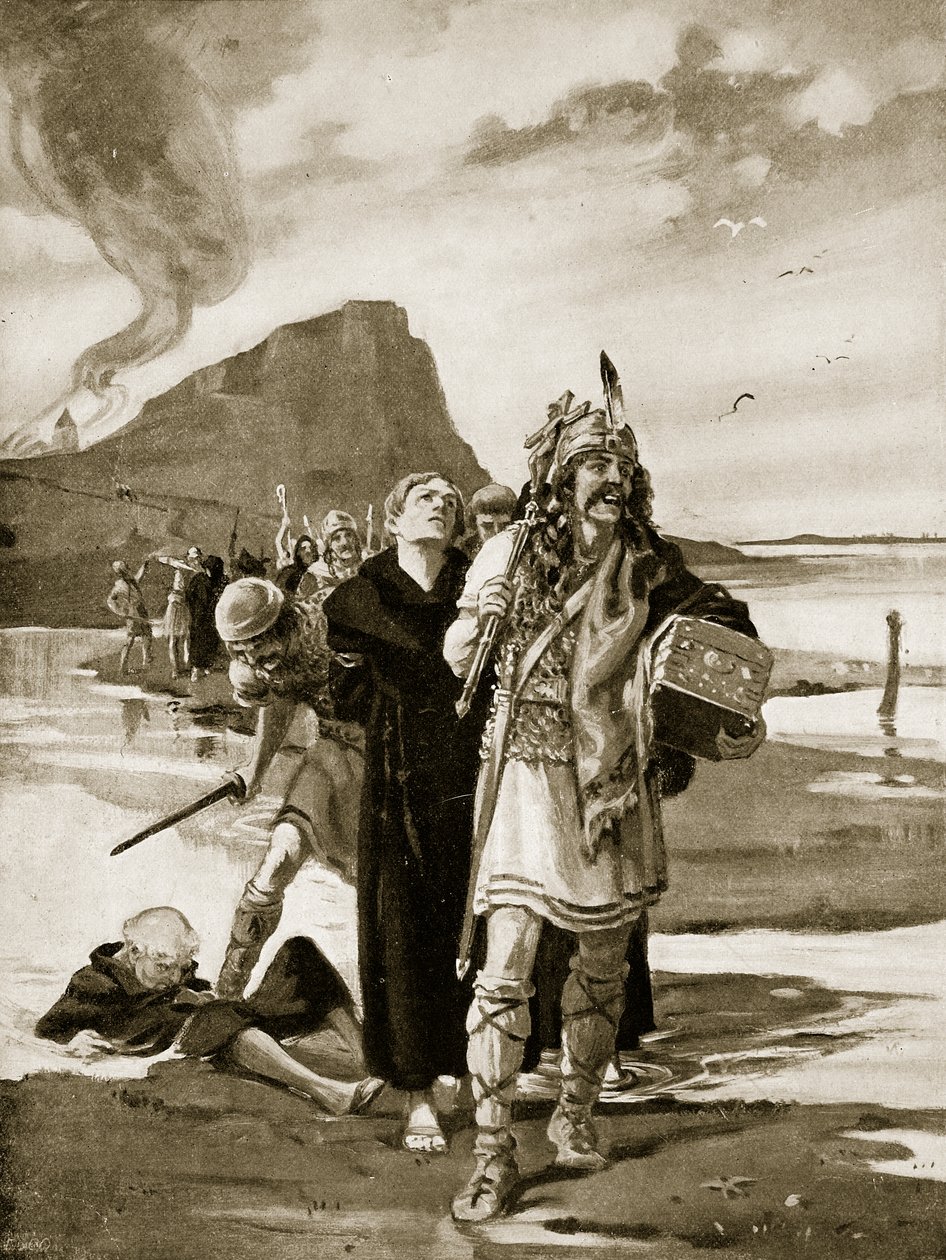 Il saccheggio di Lindisfarne, illustrazione da "Hutchinson