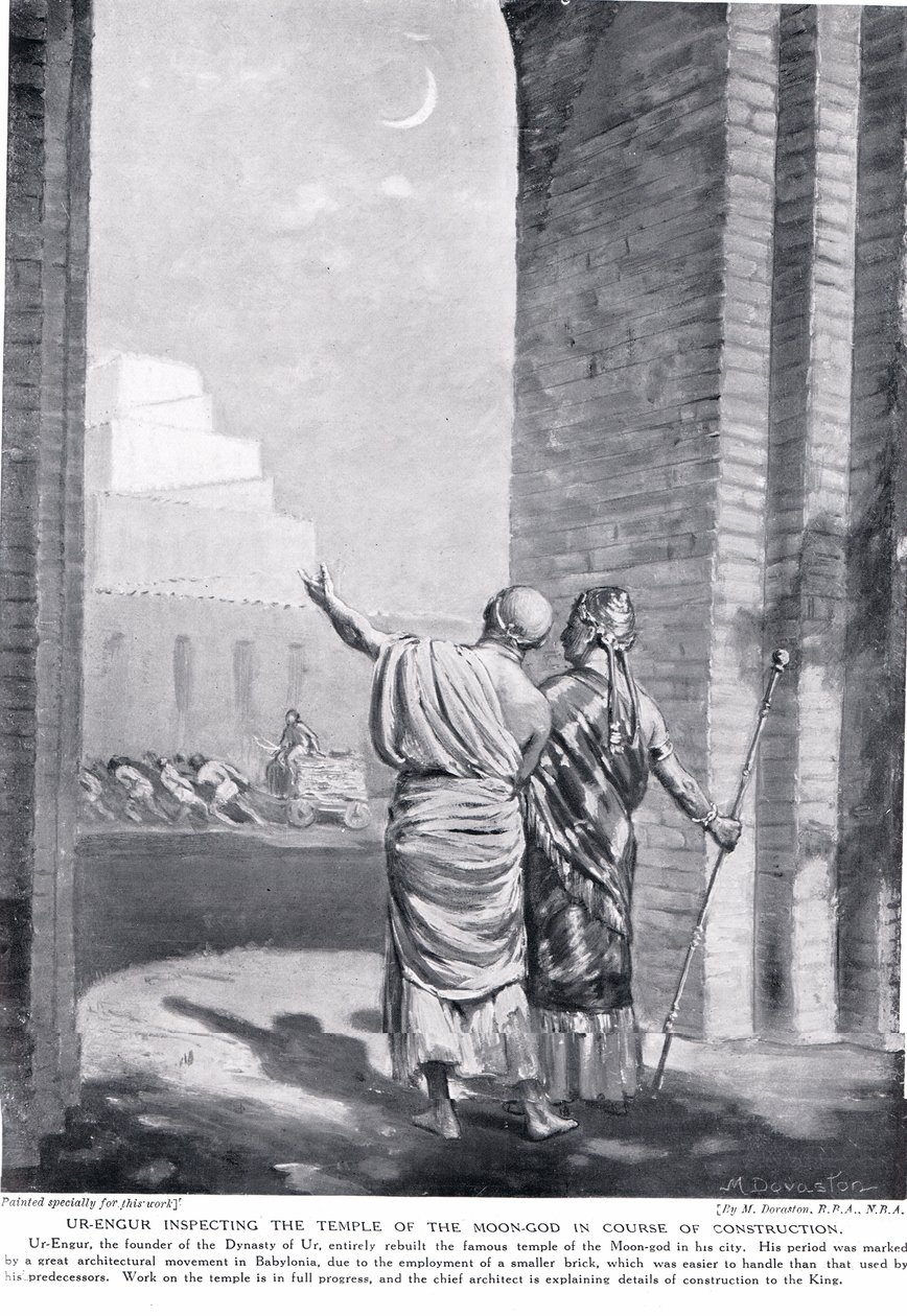 Ur-Engur che ispeziona il Tempio del Dio della Luna in fase di costruzione, illustrazione da "Hutchinson