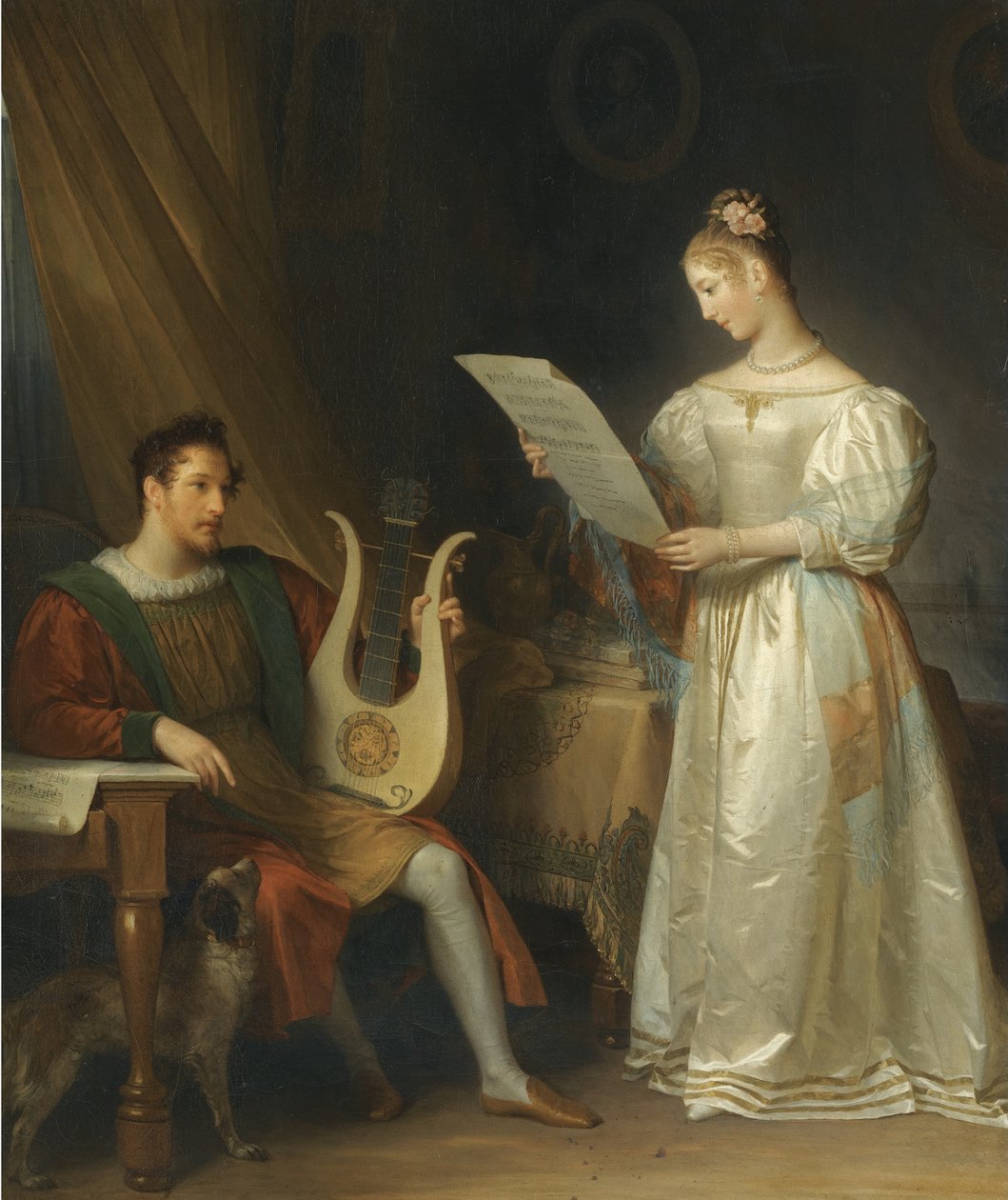 Interno con un uomo che tiene una lira e una donna con uno spartito musicale da Marguerite Gerard