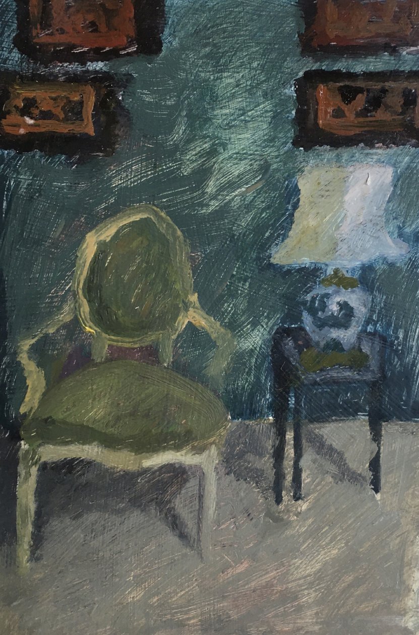 Interno con poltrona e lampada, 2019 (olio su carta) da Maria Magenta